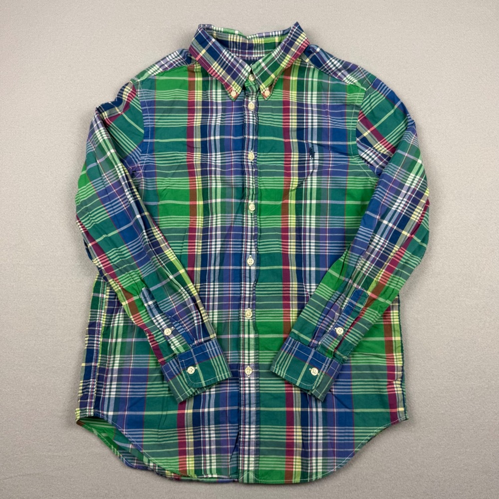 Vintage Ralph Lauren Boys Large 14-16 Green Plaid Button Down Shirt Pony Logo